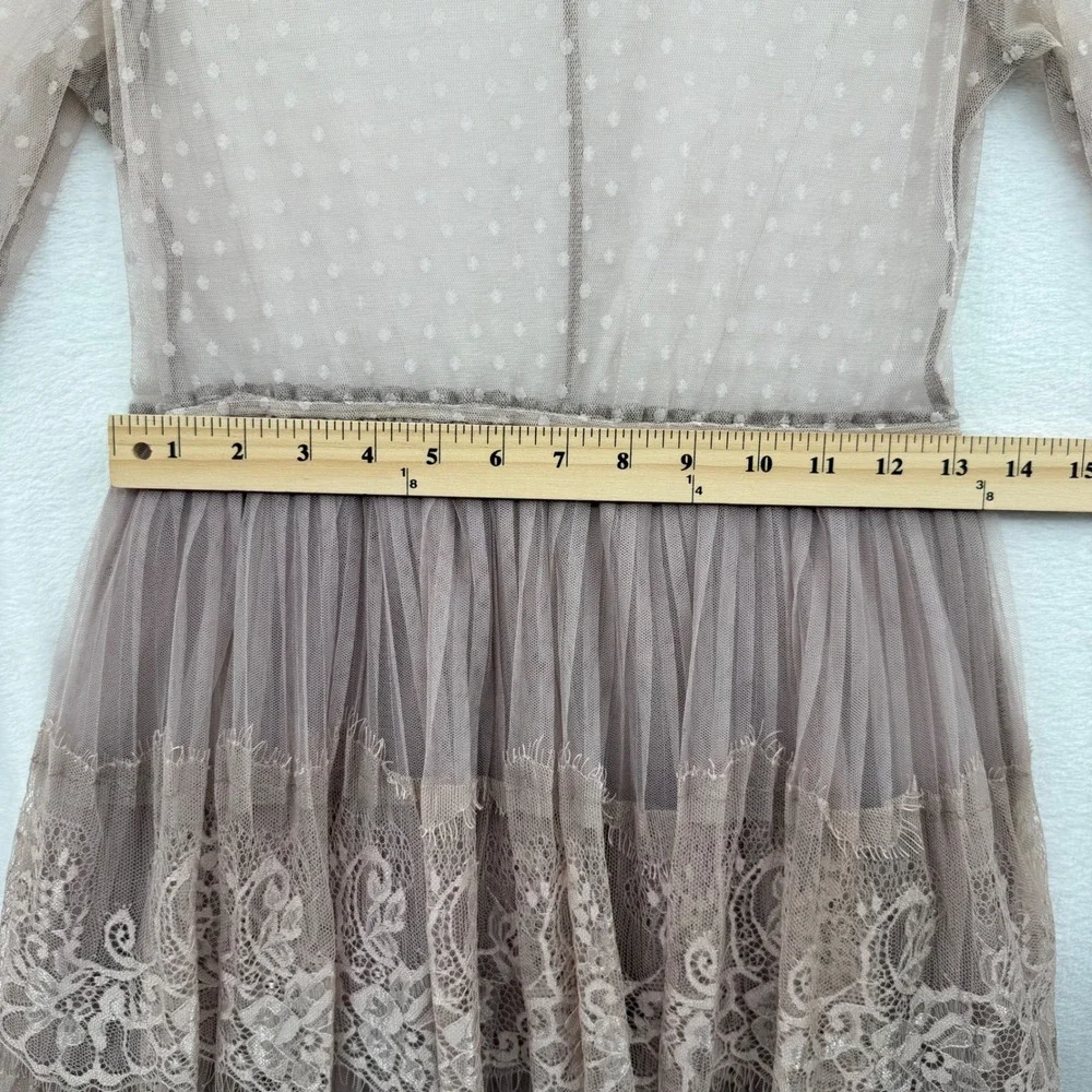 BooHoo Midi Long Sleeve Dress Tule Tiered Size 8‎ Tan Lace Sheer Romantic - Picture 12 of 13